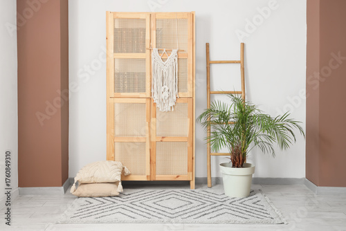 Wooden closet, houseplant a...