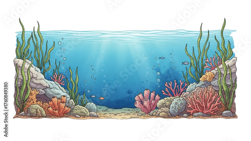 Vibrant underwater seascape illustration with coral reefs, seaweed, and fish