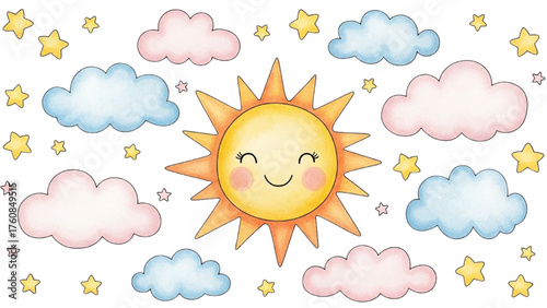 A cute cartoon smiling sun surrounded by pastel colored clouds and little stars in a baby sky
