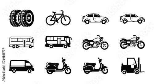 Variety of transportation icons including cars bikes and trucks presented