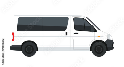 Simple illustration of a modern white passenger van with dark tinted windows