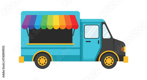 Colorful food truck illustration with a rainbow awning simple vehicle design
