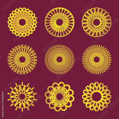 Set of luxury golden abstract circular mandalas on dark background.