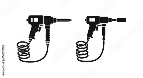 Two black and white illustrations of pneumatic impact wrenches with coiled hoses