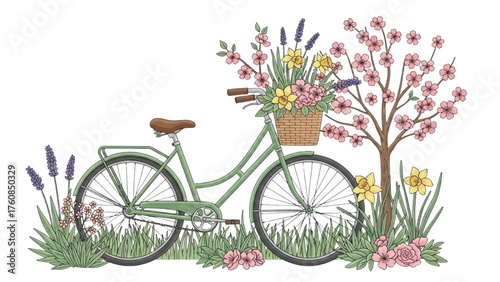 A Delightful Spring Scene Bicycle Adorned with Flowers and Blossoming Trees