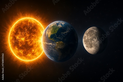 The sun earth and moon in space solar system celestial bodies