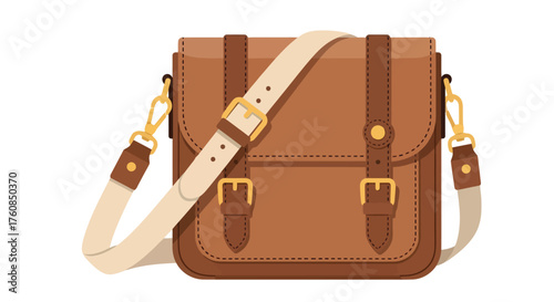 Detailed illustration of a classic brown leather satchel with adjustable strap
