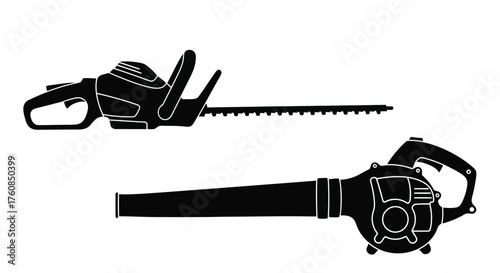 Black and white illustration of a leaf blower and hedge trimmer