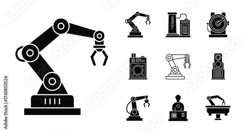 Collection of industrial robotic arms and automation system components in black