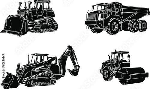 Construction machinery silhouette set, bulldozer, dump truck, backhoe loader, road roller, heavy equipment, flat vector illustration