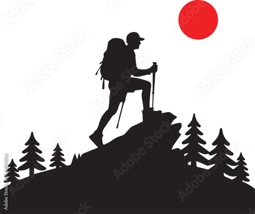 Hiker Adventurous Silhouette Standing on Mountain Peak Vector Illustration Scenic Landscape Outdoor Adventure