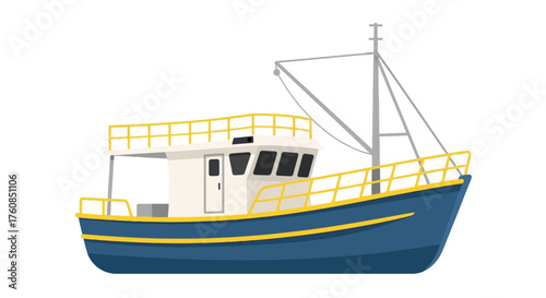Simple illustration of a blue fishing boat with a yellow railing
