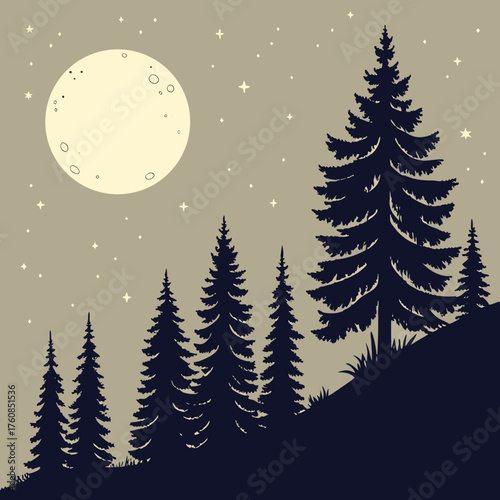Minimal night sky vector illustration with glowing moon, shining stars, and pine tree silhouettes, calm landscape design capturing peaceful nighttime nature.svg