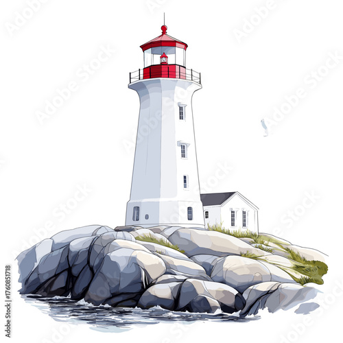 Peggy?s Cove Lighthouse. Peggy?s Cove Lighthouse hand drawn watercolor illustration