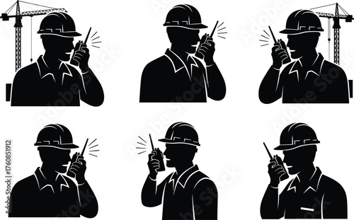 Construction workers silhouettes with hard hats, walkie talkie communication, teamwork, safety, cranes background, flat vector