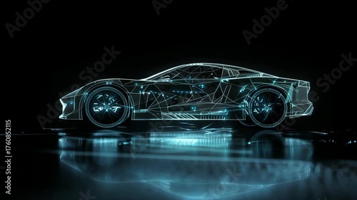 A futuristic car made of glowing digital lines and dots, symbolizing the integration of advanced technology in automotive design, Generative AI Videos.