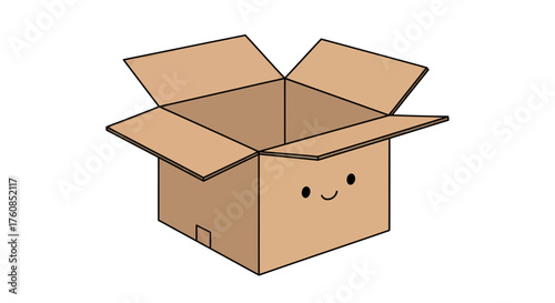 A whimsical cardboard box character with an endearing smile in minimalistic style art