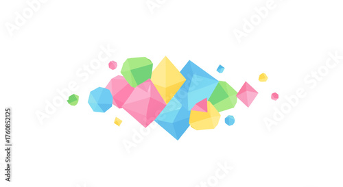 Abstract composition displaying a playful array of pastel geometric shapes on a white background