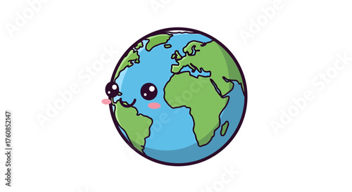 A whimsical depiction of planet Earth with an endearing and cheerful kawaii expression