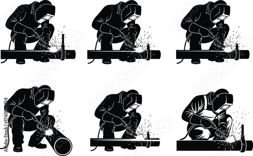 Welder silhouettes with protective gear using torch, welding metal joints, industrial fabrication techniques, construction work, flat vector