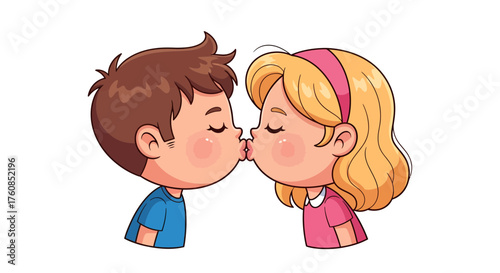 Adorable cartoon depiction of a boy and girl sharing an innocent sweet kiss, embodying childhood