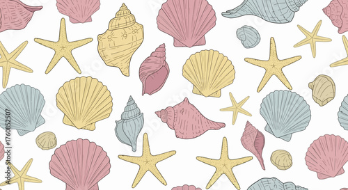 Artistic seashell and starfish pattern design evoking coastal summer serenity with soft pastel
