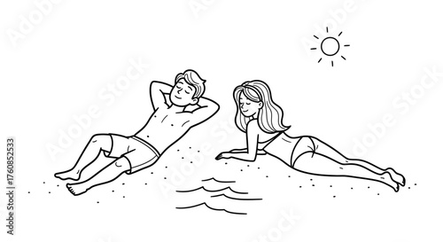 Beachside bliss: Couple enjoying sunbathing and relaxation on a serene sunny day landscape
