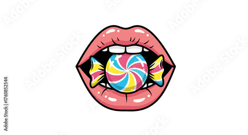Captivating candy indulgence: a whimsical illustration of lips and vibrant confectionery allure