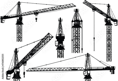 Tower crane silhouette set, construction lifting machinery, building equipment, heavy industrial machines, engineering tools, flat vector illustration