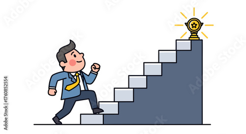 Businessman ambitiously climbing steps to a shiny trophy symbolising career victory