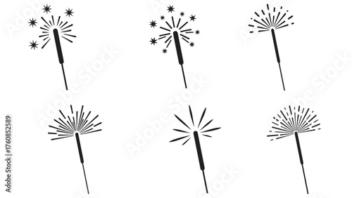 Sparklers silhouette with radiating lines on single stick, festive black celebration icon for parties, new year events, and holiday firework themes