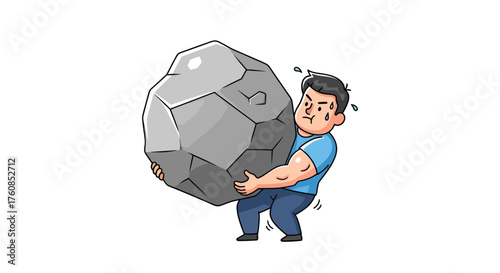 Cartoon depiction of a man carrying a comically oversized boulder with great effort