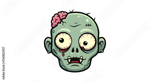 Cartoon undead head with exposed brain illustration for Halloween celebrations or horror themed