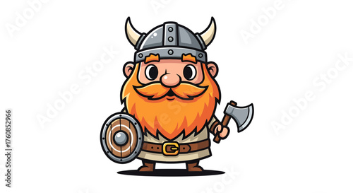 Cartoon viking warrior illustration with horned helmet, axe, shield, and bushy beard on a white