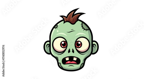 Cartoon zombie face character with stitches and missing teeth for Halloween design