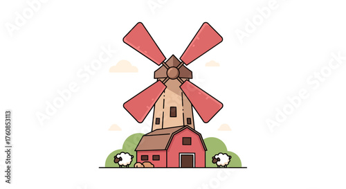 Charming cartoon farm scene featuring a vintage windmill and idyllic rural elements