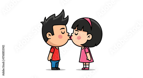 Charming cartoon illustration of a young couple in love sharing a tender kiss of affection and