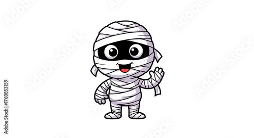 Charming cartoon mummy character waving hello, perfect for Halloween themed illustrations