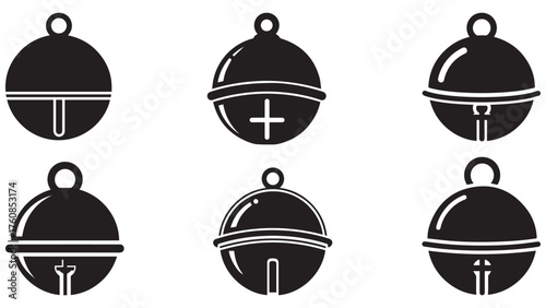 Carriage sleigh bell silhouette with round body, cross slit, and loop, classic black jingle icon for winter rides, rustic decor, and holiday labels