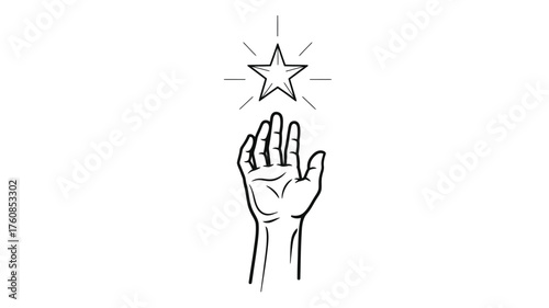 Hand reaching a star simple line art illustration concept achievement and aspiration isolated on white background