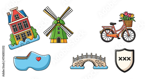 Charming dutch icons showcasing traditional symbols like windmills bikes and colorful architecture