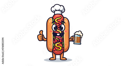 Cheerful hotdog chef mascot holding beer offering a happy culinary experience to everyone