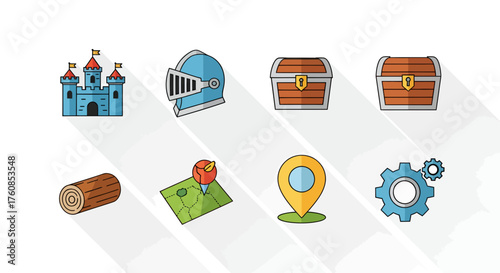 Collection of stylized game development icons depicting fantasy adventure elements scenes
