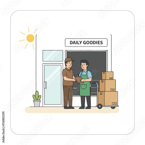 Delivery person handing package to shopkeeper outside a store called Daily Goodies courier