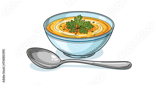 Delightful bowl of creamy soup with herb garnish served with a shiny spoon illustration