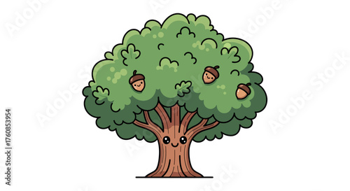 Delightful cartoon style tree with a cute expression and acorns adorning its branches
