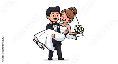 Delightful cartoon illustration of a groom carrying his bride celebrates their marital union