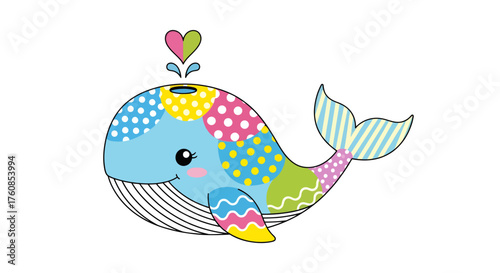 Delightful patchwork whale with a heartwarming touch isolated on a white canvas