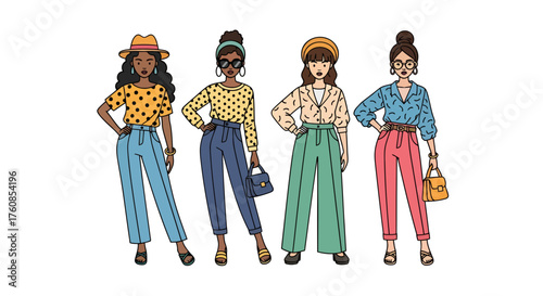 Diverse retro fashion illustration of stylish women in high-waisted pants and polka dot shirts