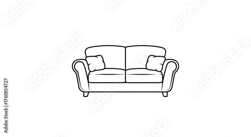 Elegant two-seater sofa line art against a stark white background illustration